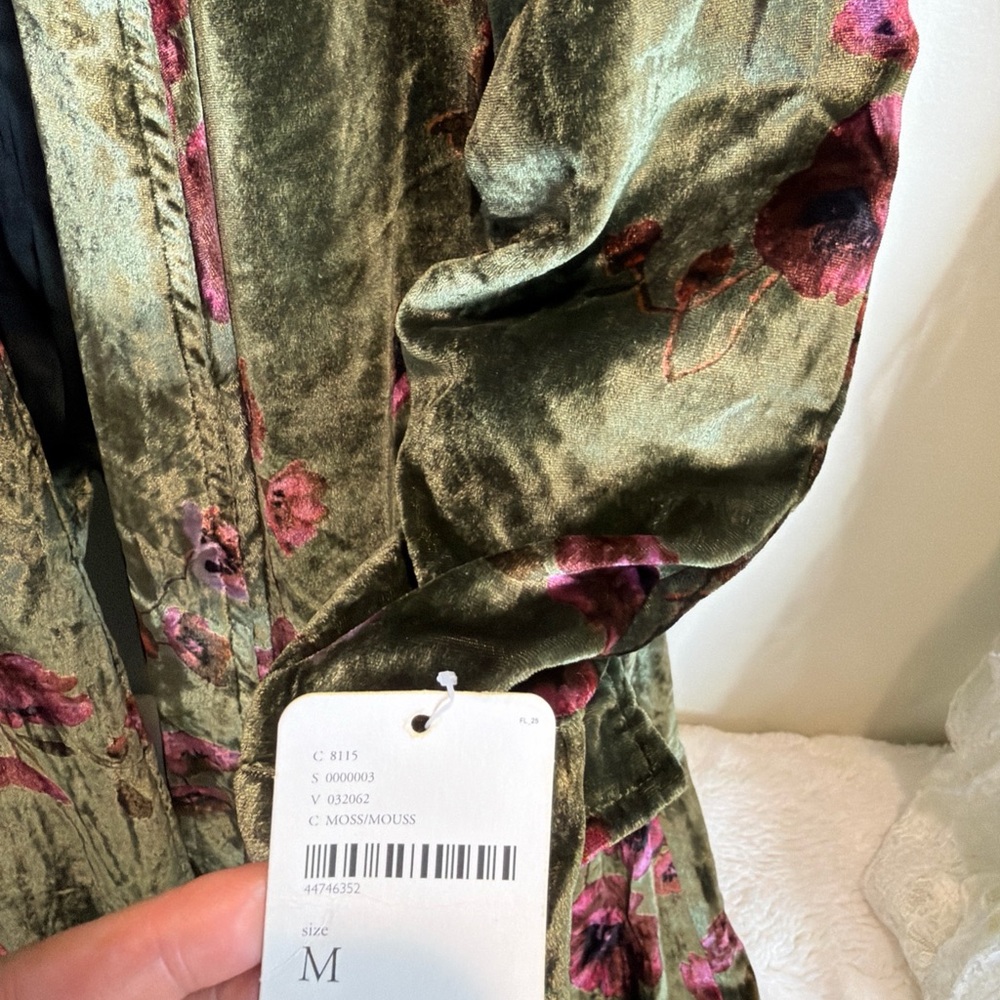 FREE PEOPLE Printed Dhalia Velvet Duster Ruched Tassels Sleeve Longline Jacket M - Picture 7 of 7